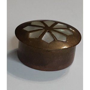 Vintage Brass Pill Box With Mother Of Pearl Inlay Design
